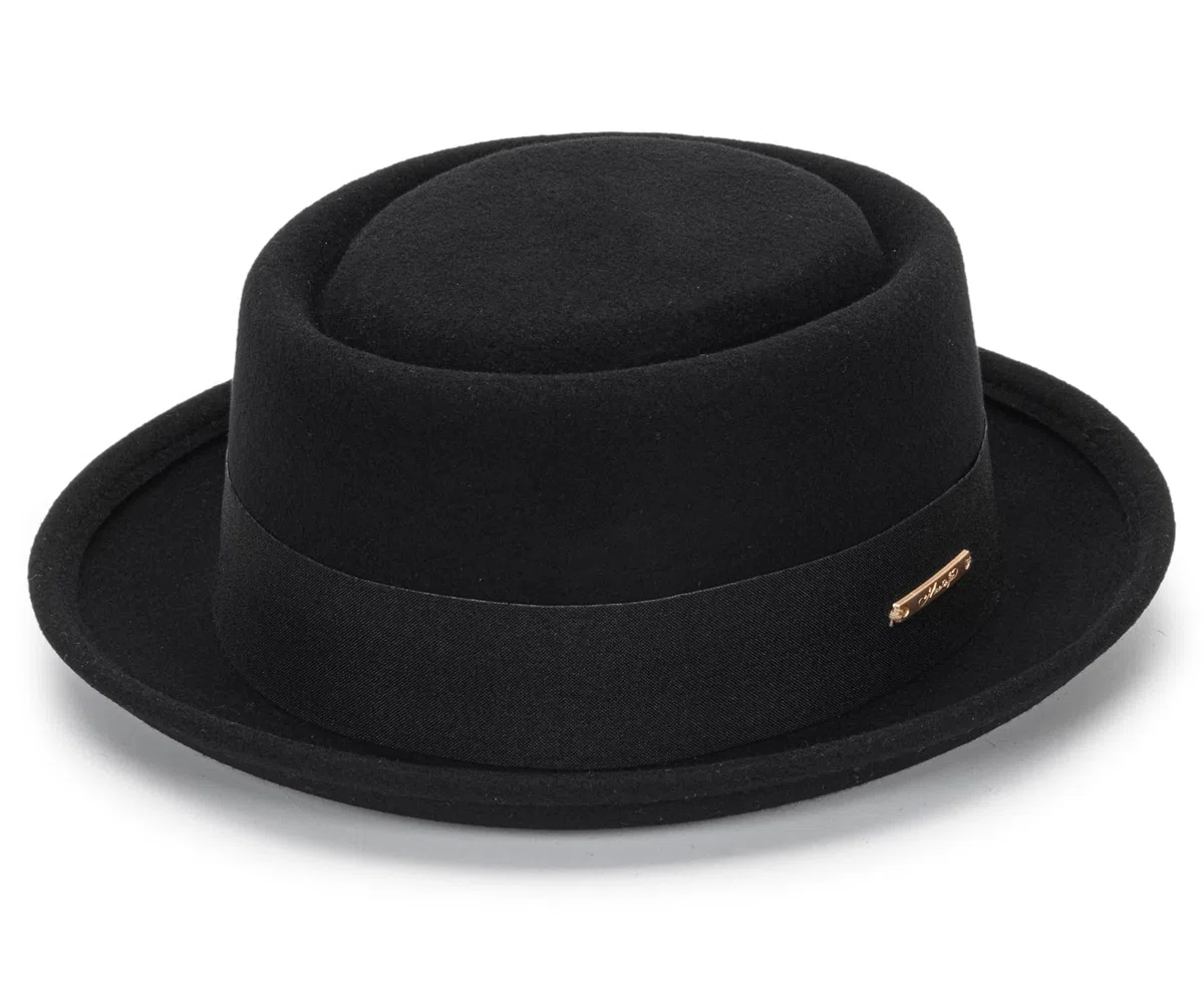 Sombrero de Porkpie Plano para Hombre, Sombrero de Lana Negra con Banda (S-M), Negro con Banda, M