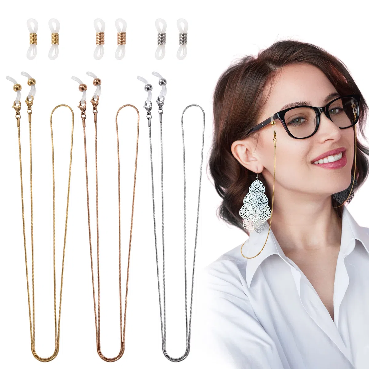 Cadena de Gafas Cadena de Gafas de Sol de Acero Inoxidable con 12 Extremos de Cadena de Gafas para Mujeres Hombres 3 Piezas