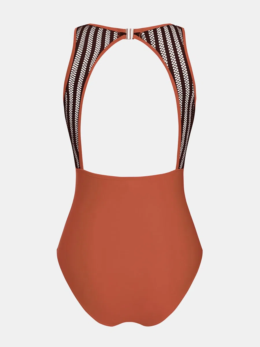 CUPSHE Traje de baño de una pieza para mujer, con control de abdomen, cuello alto, recortado, gancho trasero, traje de baño de malla