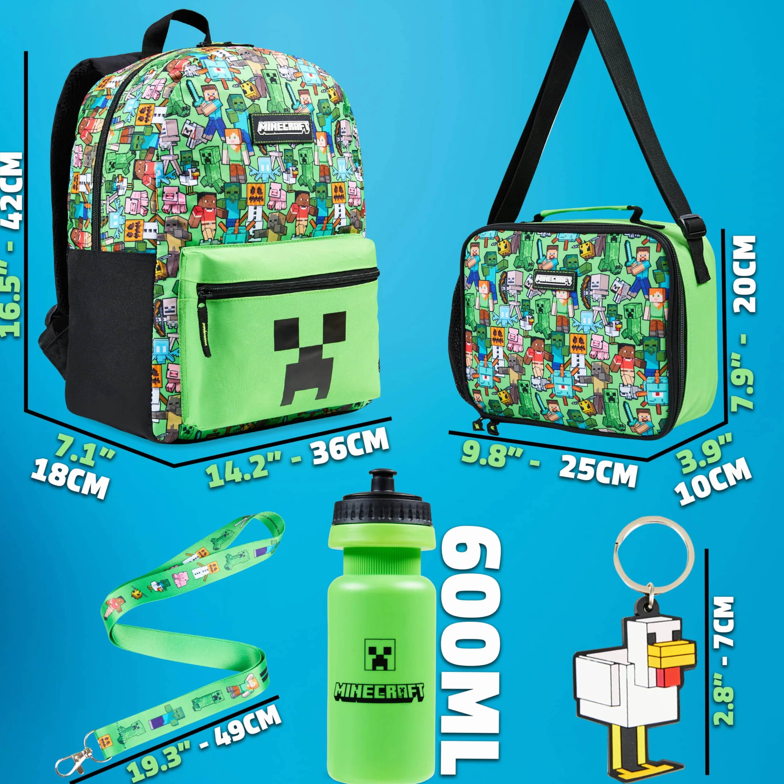 Minecraft Mochila Escolar Set de 5 Piezas Botella de Agua Bolsa Almuerzo Estuche Infantil Mochila Cuerdas o Llavero Correa con Cordón Material Escolar (Verde AOP)