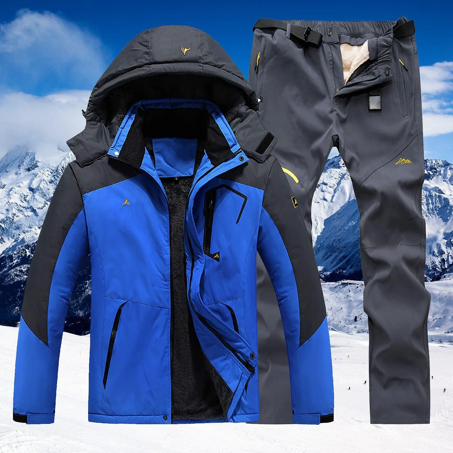 Generisch Traje de esquí para hombre, 2 piezas, cálido traje de nieve, chaqueta de esquí, chaqueta y pantalones, ropa de esquí con capucha, impermeable, abrigo de nieve