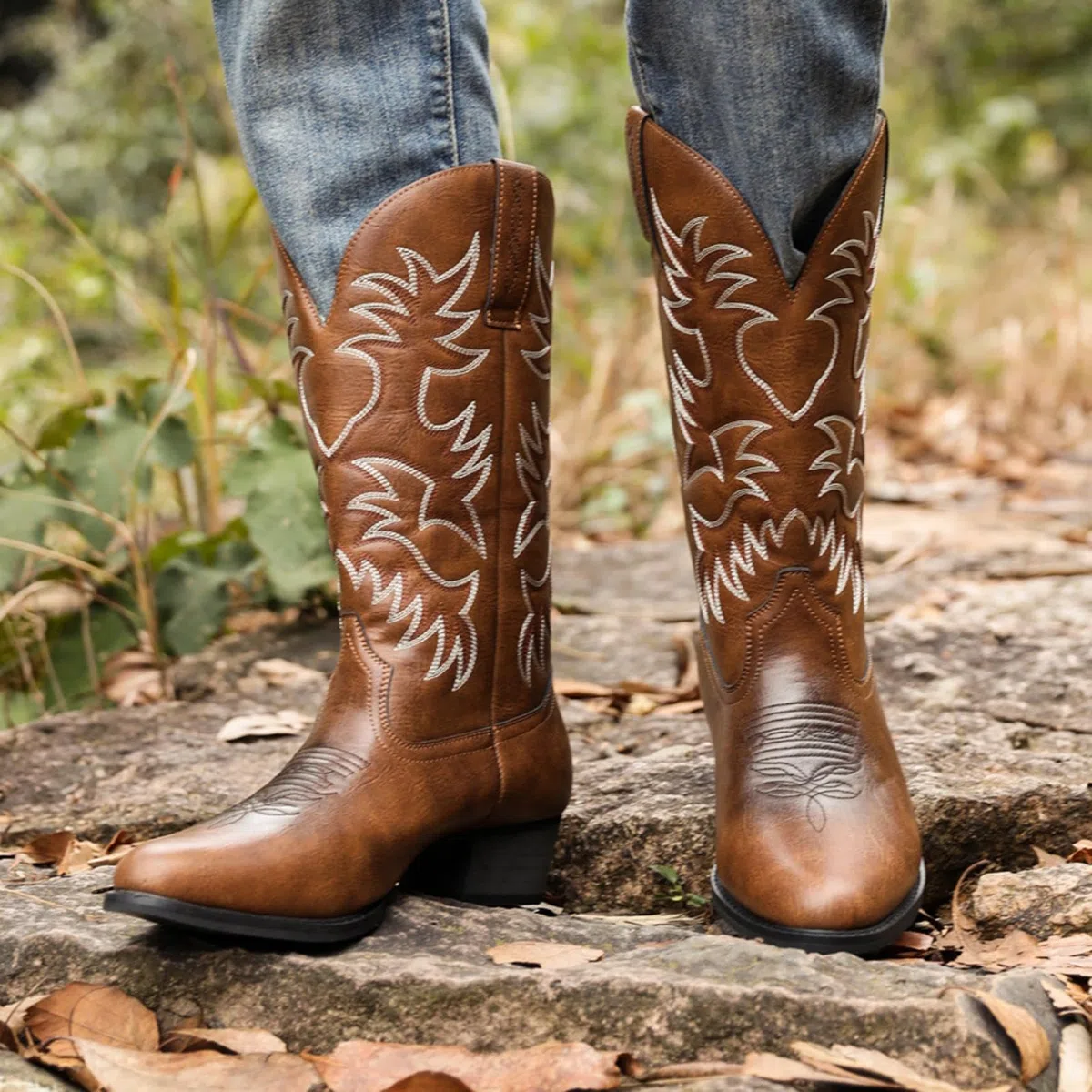 ANUFER Hombres Elegante Bordado Botas Vaqueras Occidental Tacón Punta Antideslizante Pantorrilla Botas SN071164