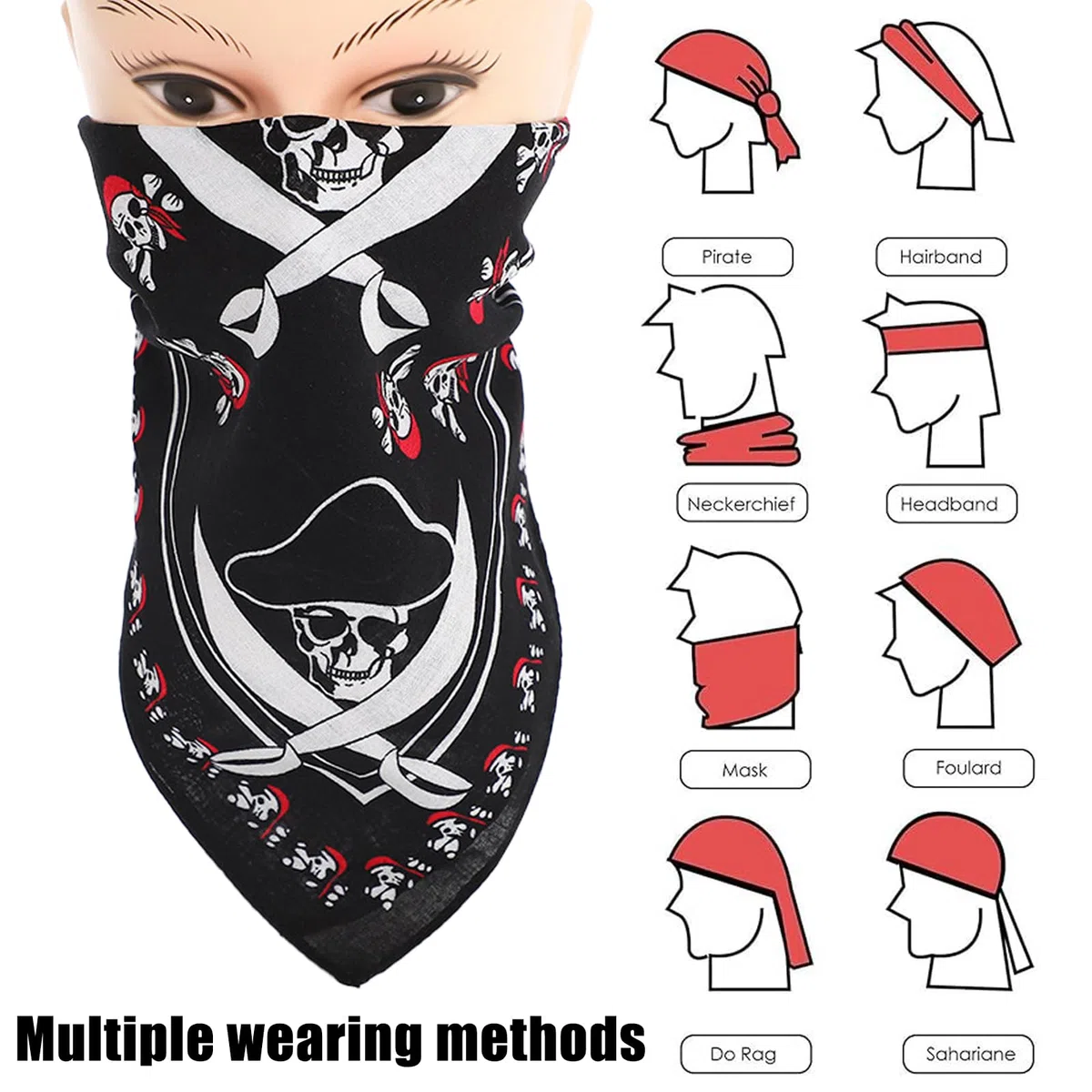 Pañuelos negros de calavera Halloween, diadema pirata algodón doble cara, envoltura cabeza unisex