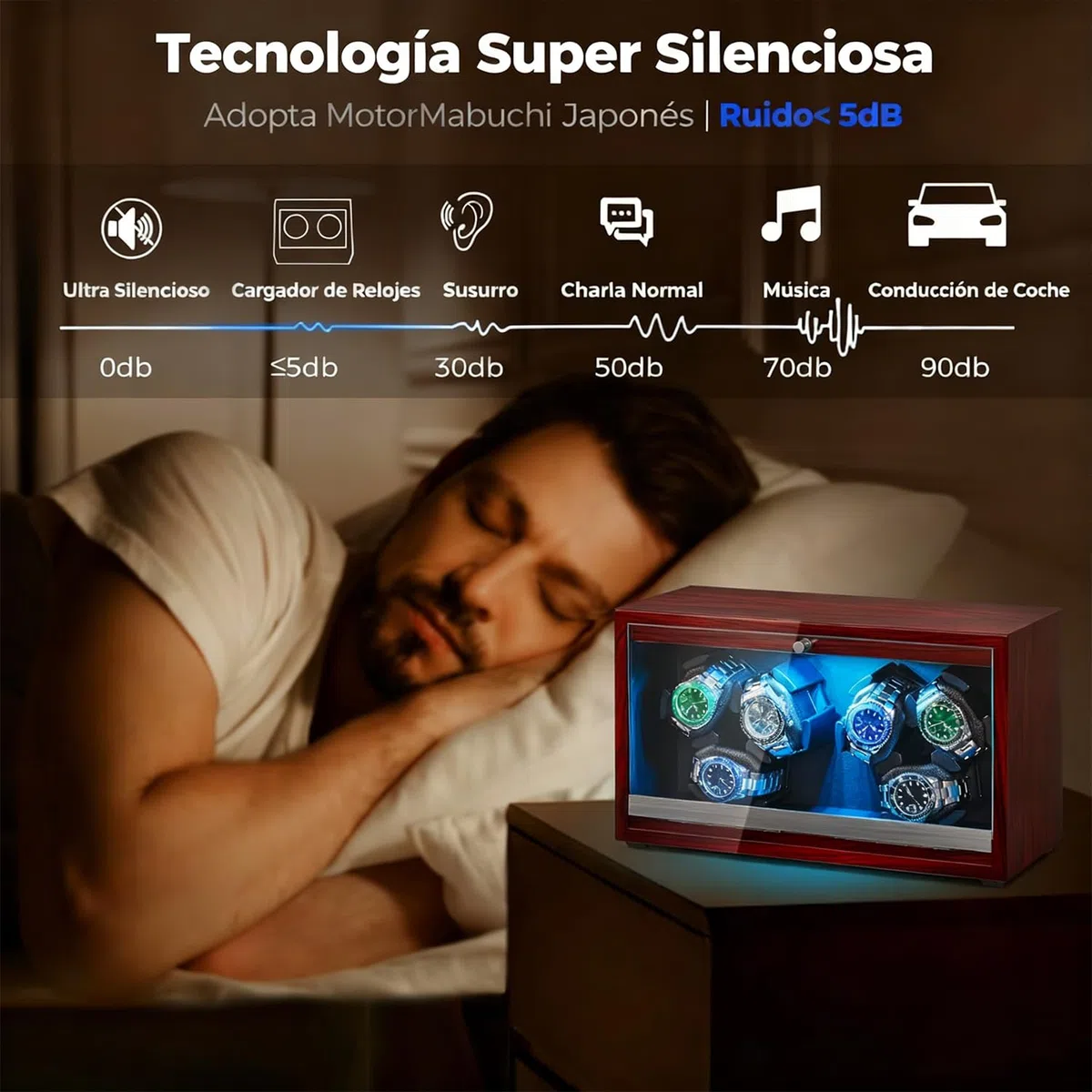 ANWBROAD Enrollador de reloj giratorio para 6 relojes con LED y motor súper silencioso, 4 modos de rotación, caja de bobinado, agitador con cable USB, regalo UJWW003Y