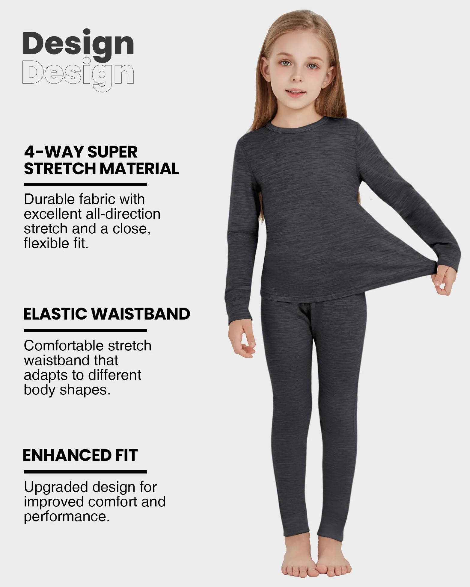 Ropa interior térmica infantil unisex, 100 % lana merino, juego para niños y niñas, ropa interior de esquí de invierno, cálida y cómoda, 260 g/m², gris brezo, 7-8