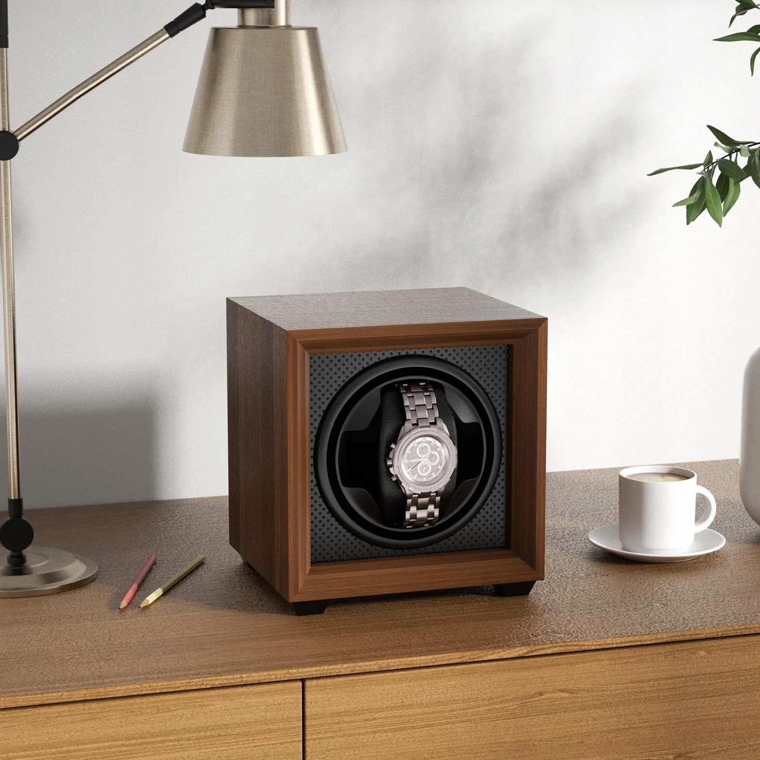 Newaner Caja para Dar Cuerda a Relojes mecánicos, automatico con Motor silencioso, 2 Ajuste Modos, Cuadrada y Color Nuez, con Puerto de Carga USB y Espuma viscoelástica