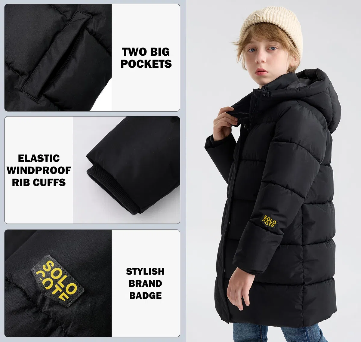 SOLOCOTE Abrigos de Invierno para Niños Plumífero Grueso Alargado Resistente al Agua con Chaqueta con Capucha para Niños