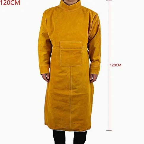 Delantal de ropa de trabajo de cuero de vaca Soldadura Ropa protectora Resistente al calor y al fuego Soldadores Ropa de soldadura Delantal con mangas (120 cm)