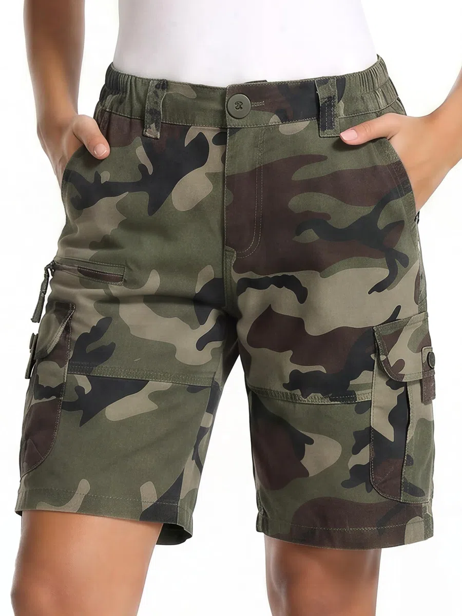 Pantalón Corto Cargo Senderismo Mujer, Shorts Ligeros de Cintura Elástica hasta la Rodilla, Bolsillos Múltiples para Verano