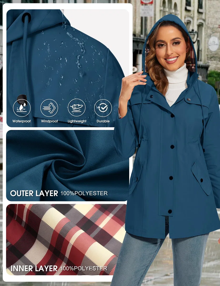 Chubasquero Mujer Impermeable Trench Chaqueta de Lluvia Largo Chaqueta Cortaviento para Mujer con Capucha Ligera Gabardina Impermeable al Aire Libre