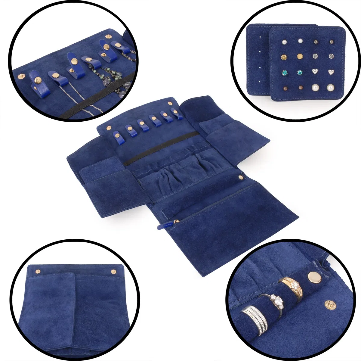 Catwalk Collection Handbags - Estuche Enrollable para Joyas - Joyero de Viaje - Piel y Serraje - Mediano/Grande - Caja de Regalo - Chanelle - Azul