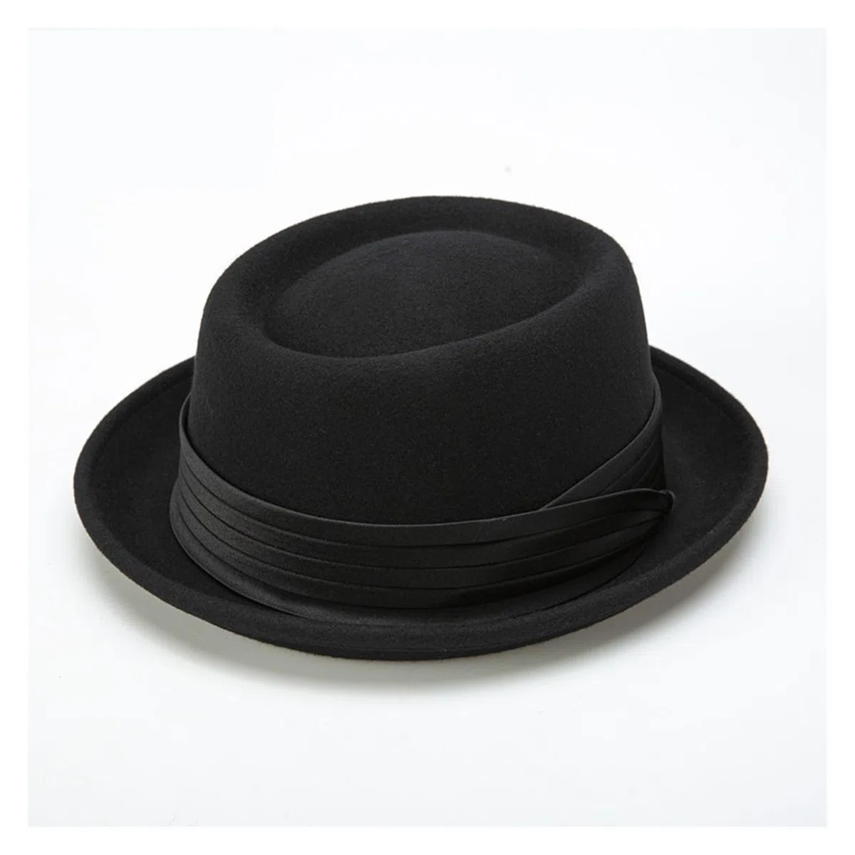 Sombrero Pork Pie de ala enrollada negro for hombre, sombrero Fedora lana blanca, gorra jazz invierno, caballeros Parte Superior Plana(Black,M 56 to 58cm)