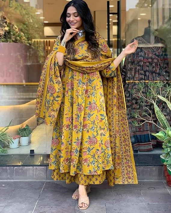 Kurta estampada Anarkali de mezcla de rayón para mujer con Palazzo y Dupatta