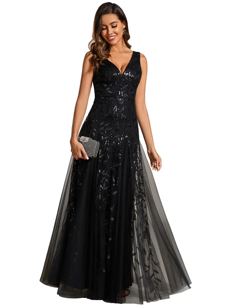 Ever-Pretty Vestido de Noche para Mujer Cuello en V Lentejuelas Invitadas de Boda Largo Sin Mangas Cintura Imperio Formal Fiesta EE02130