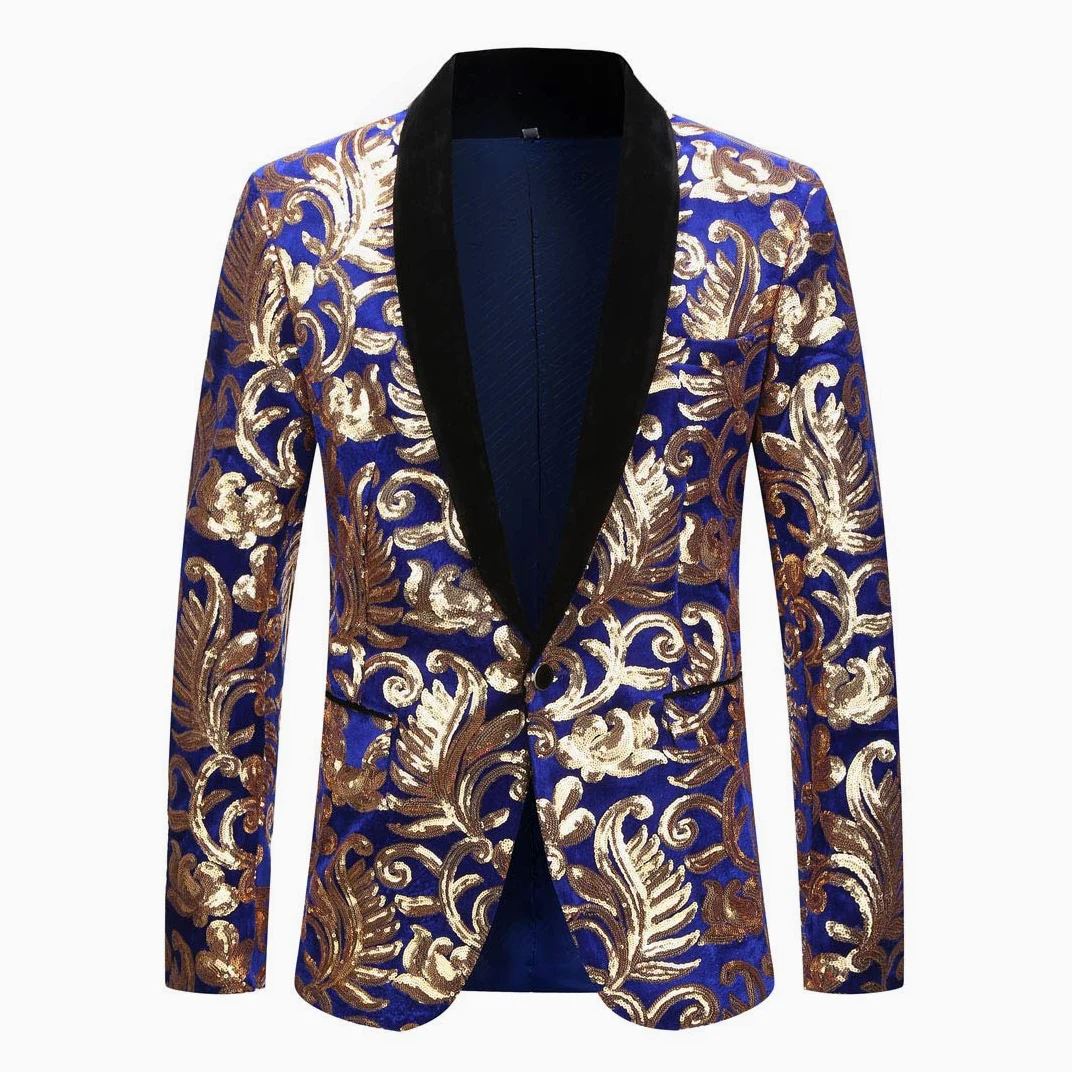 Hombres Moda Terciopelo Lentejuelas Patrón Floral Traje Chaqueta Blazer