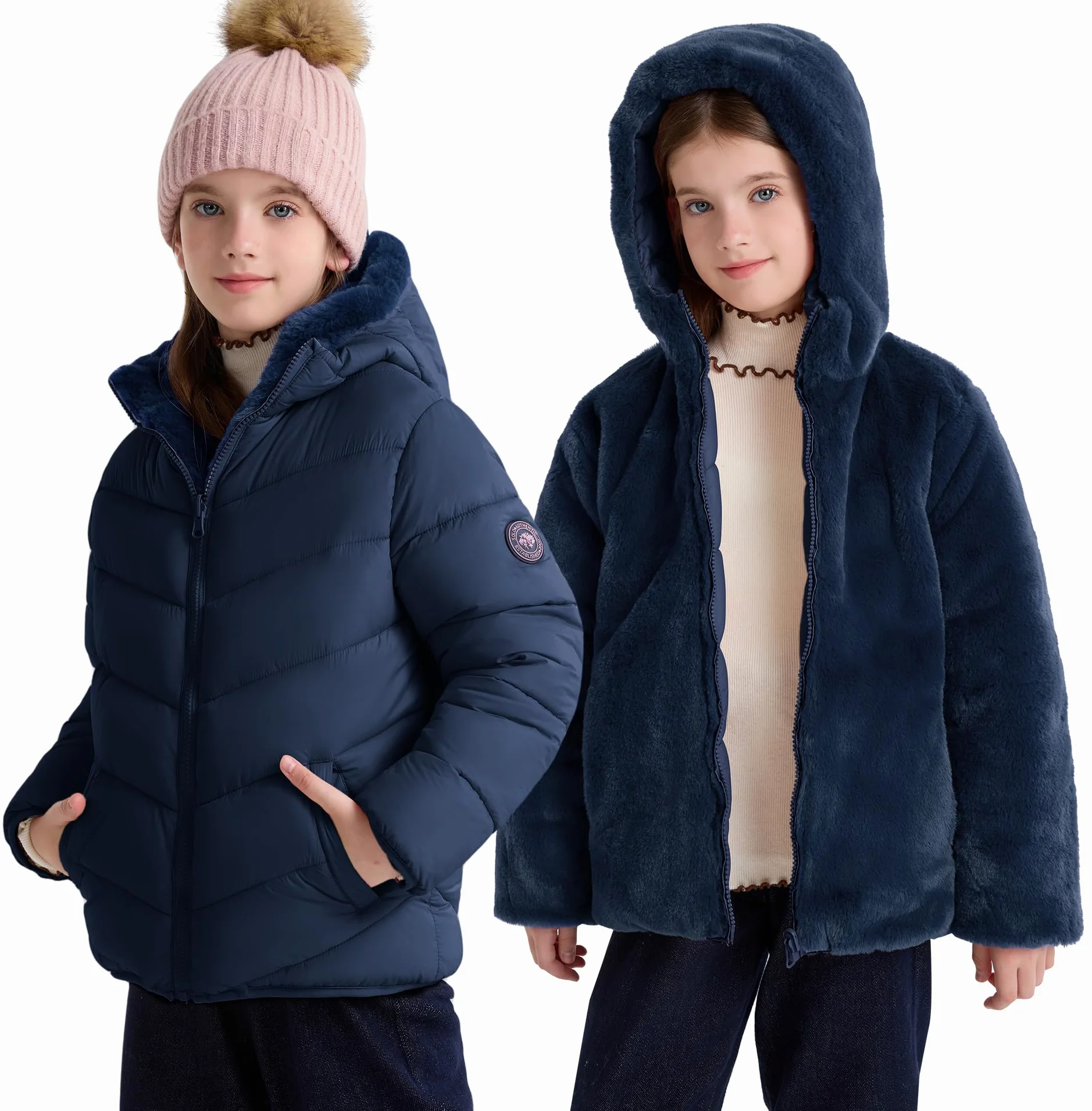 maoo garden Chaqueta Hinchada Reversible de Invierno para Niñas Abrigo Resistente al Agua con Forro Polar Difuso de Plumón Falso Pesado para Niños