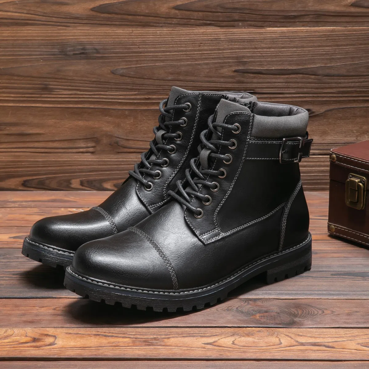 Bruno Marc Botas de Militares Oxford Hombre Botines Moto de Cordones con Cremallera Lateral