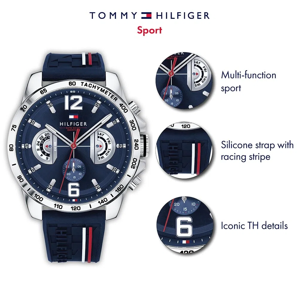 Tommy Hilfiger Reloj Analógico Multifuncional de Cuarzo para Hombres con Correa de Silicona, Acero Inoxidable o Cuero, Subesferas para Día y Fecha, Resistente al Agua hasta 5ATM.