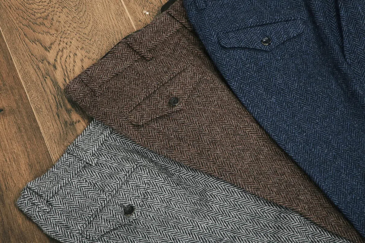 Pantalones de traje de vestir retro para hombre, pantalones de lana de tweed con frente plano en espiga