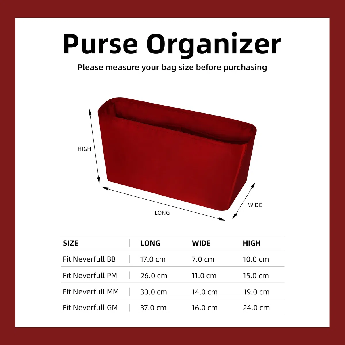 DGAZ Organizador de Bolso de Seda Premium, Inserto Ligero para Neverfull BB/PM/MM/GM, Forro Interior Elegante que Protege y Organiza (Rouge casaque, MM)