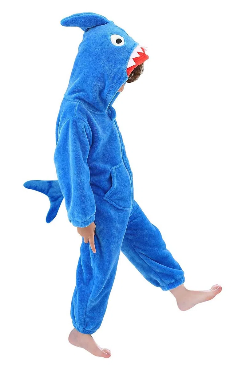 LOLANTA Disfraz Tiburón Niño,Buzo de Peluche con Capucha, Azul, 4-6 años, Talla M