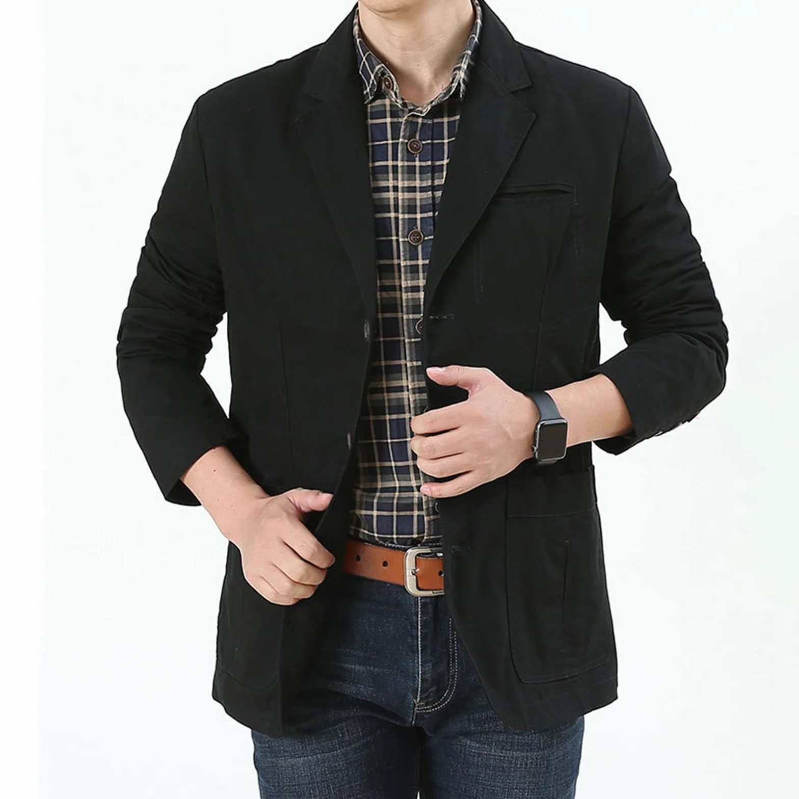 Generisch Americana de traje para hombre con cuello de solapa con tres botones, corte ajustado, manga larga, estilo deportivo