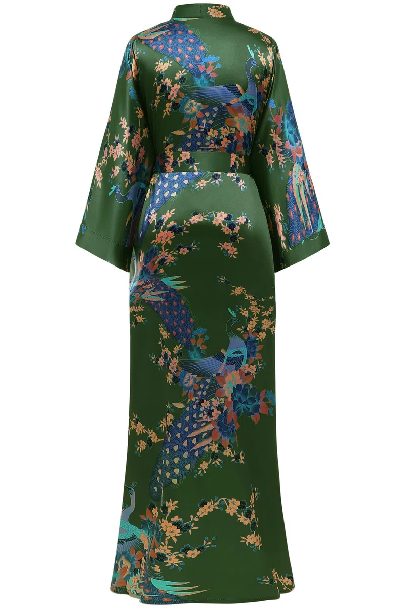 ArtiDeco Vestido Kimono Pijama de Seda Novia Kimono de Seda Ropa de Dormir de Satén Estampado Pavo Real