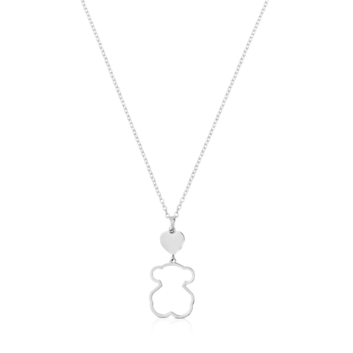 TOUS Collar de Plata de Primera Ley para Mujer con Colgante de Oso de 19 mm y Corazón de 8.6mm, 45 cm de Largo, Elegante y Versátil, Colección Silueta