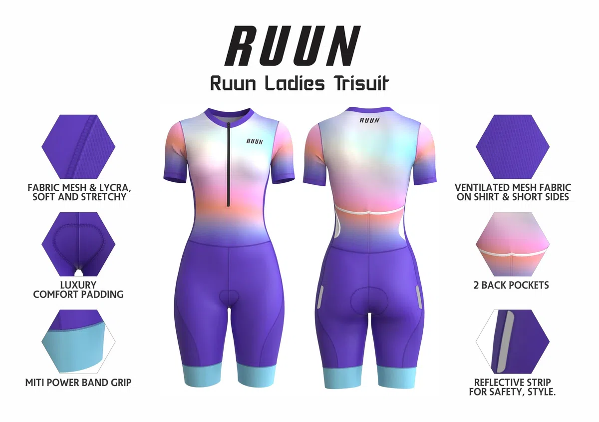 RUUN Traje de ciclismo para mujer, media manga con bolsillos, malla de triatlón, acolchado, con banda de fuerza y pinzas para las piernas
