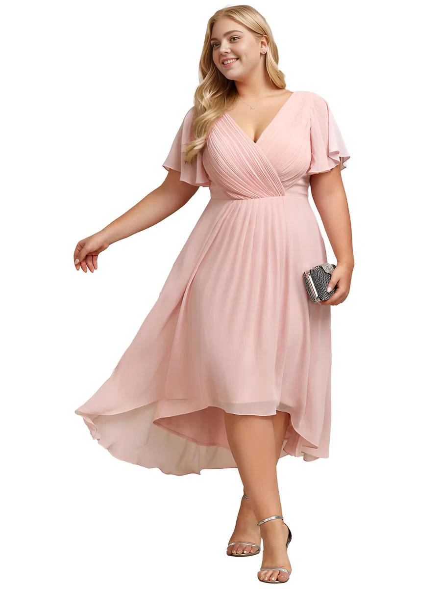 Ever-Pretty Vestido acampanado de gasa con cuello en V, manga corta, largo hasta la rodilla, talla grande, vestidos de invitada de boda para mujeres con curvas 01923-DA