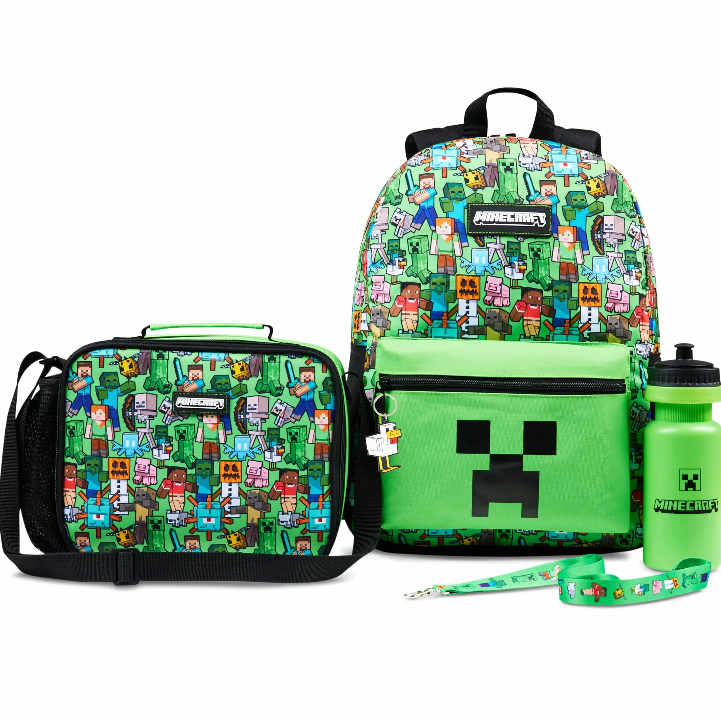 Minecraft Mochila Escolar Set de 5 Piezas Botella de Agua Bolsa Almuerzo Estuche Infantil Mochila Cuerdas o Llavero Correa con Cordón Material Escolar (Verde AOP)