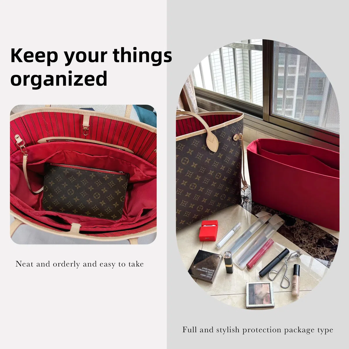 DGAZ Organizador de Bolso de Seda Premium, Inserto Ligero para Neverfull BB/PM/MM/GM, Forro Interior Elegante que Protege y Organiza (Rouge casaque, MM)