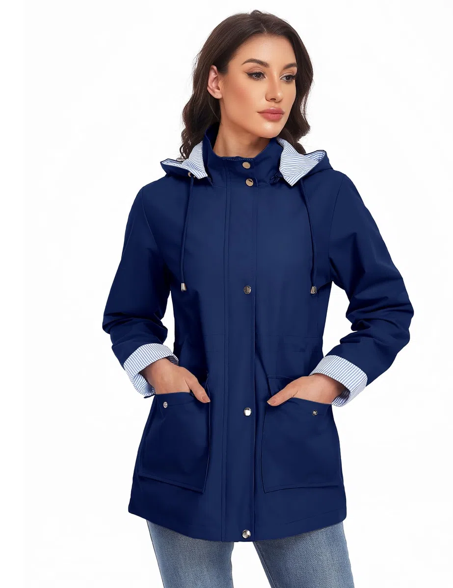 CMTOP Chubasquero Mujer Impermeable Chaqueta Largo Ligera Abrigo Transpirable Cortaviento con Capucha Parkas Casual Cremallera Raincoat Primavera Otoño para Exteriores