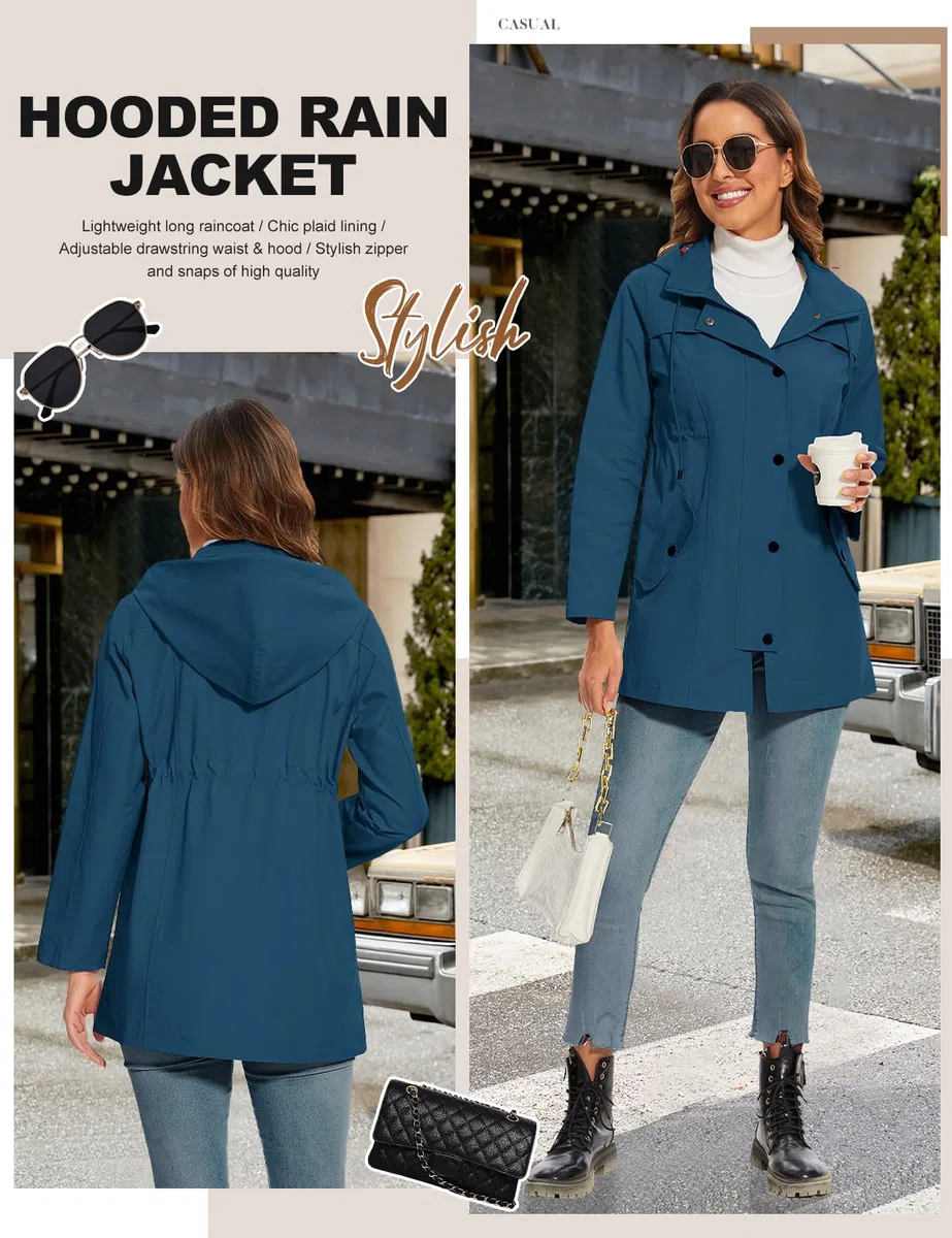 Chubasquero Mujer Impermeable Trench Chaqueta de Lluvia Largo Chaqueta Cortaviento para Mujer con Capucha Ligera Gabardina Impermeable al Aire Libre