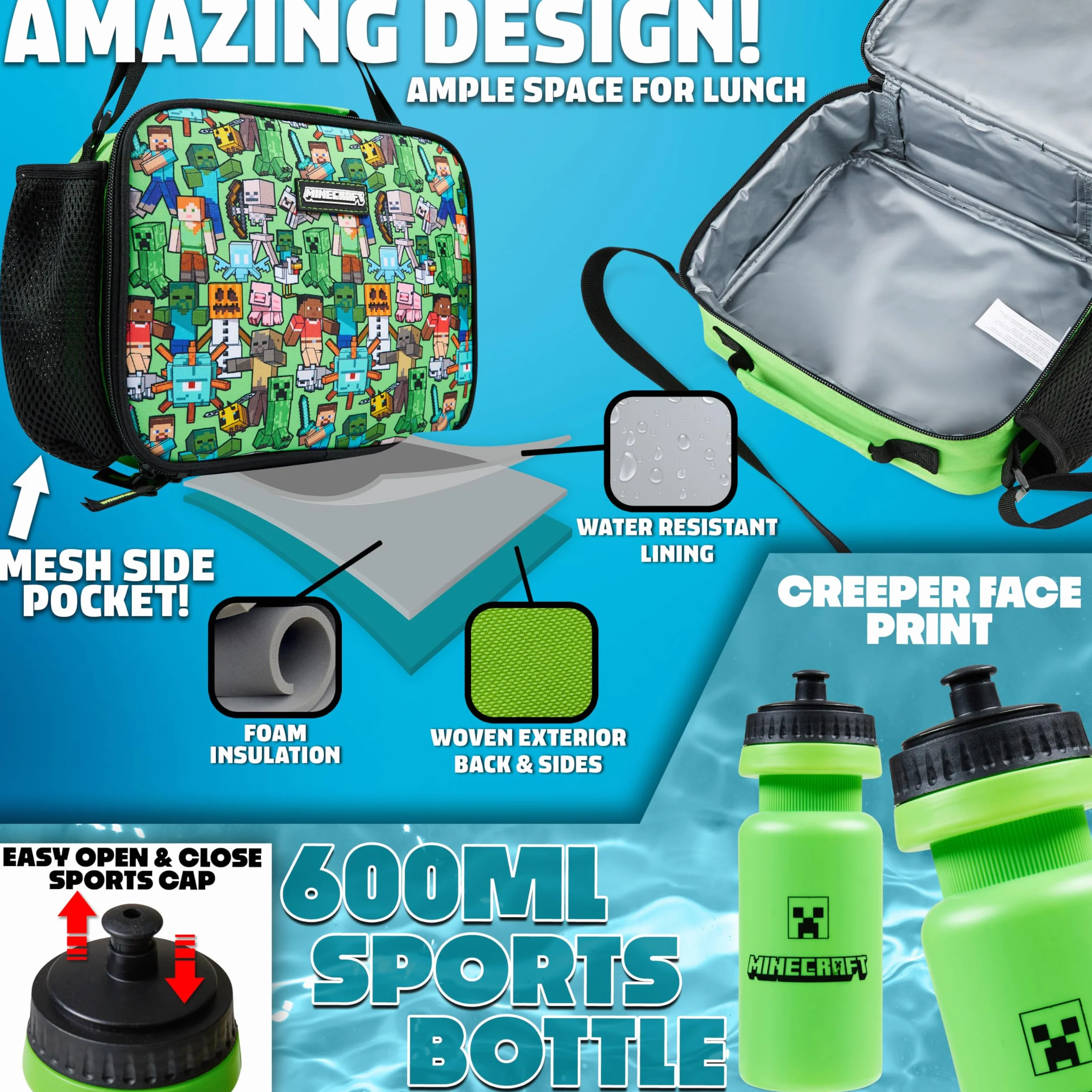 Minecraft Mochila Escolar Set de 5 Piezas Botella de Agua Bolsa Almuerzo Estuche Infantil Mochila Cuerdas o Llavero Correa con Cordón Material Escolar (Verde AOP)