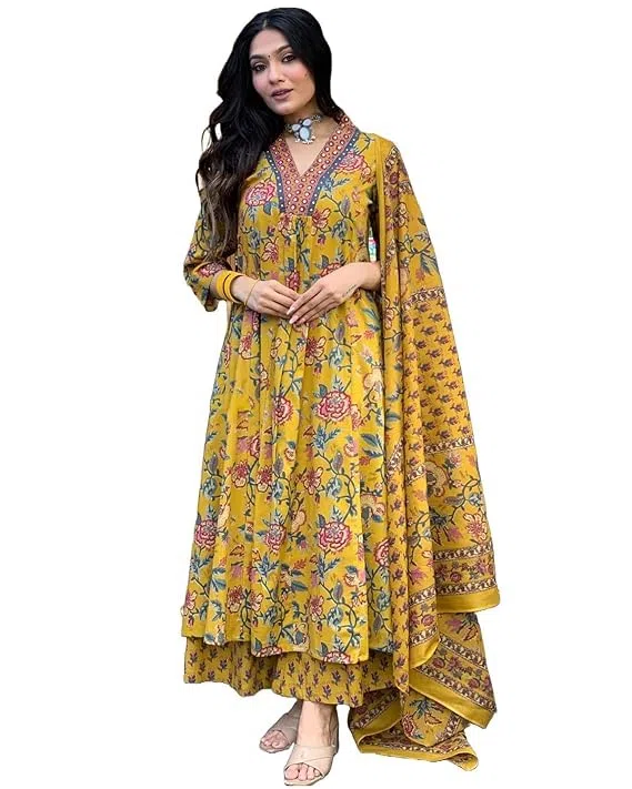 Kurta estampada Anarkali de mezcla de rayón para mujer con Palazzo y Dupatta