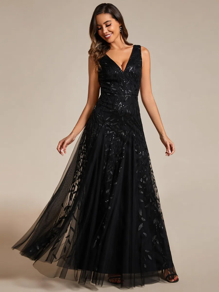 Ever-Pretty Vestido de Noche para Mujer Cuello en V Lentejuelas Invitadas de Boda Largo Sin Mangas Cintura Imperio Formal Fiesta EE02130