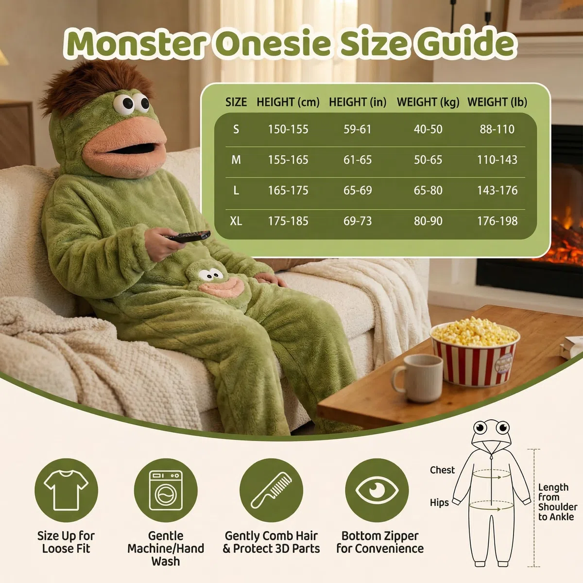 Pijama con capucha de monstruo verde divertido para adolescentes y adultos, unisex, forro polar de felpa ultrasuave, ropa de descanso de una pieza, ropa de descanso tonta de boca grande para el