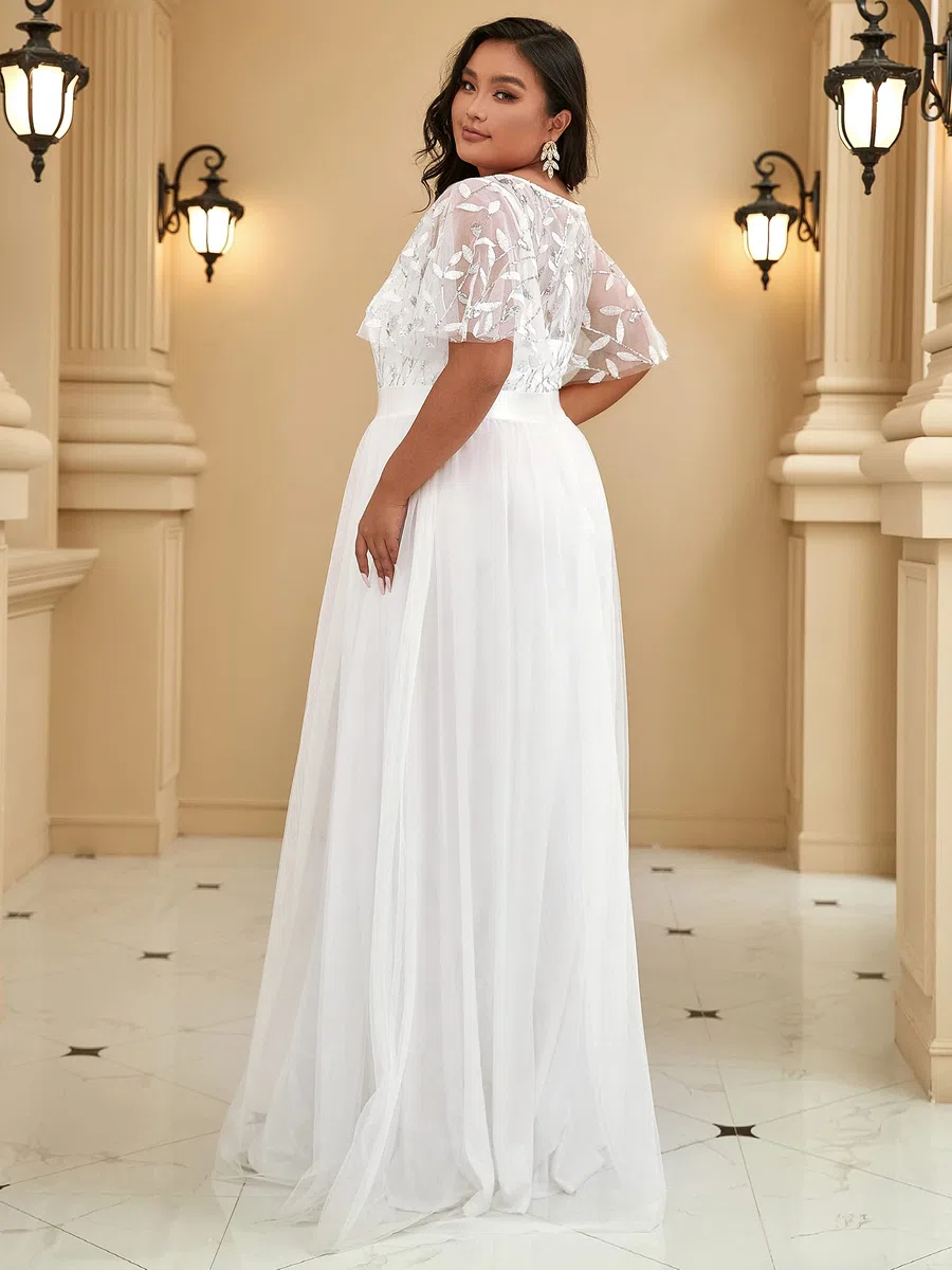 Ever-Pretty Corte Imperio Vestido de Fiesta A-línea Tul Cuello Redondo Manga Corta para Mujer 00904