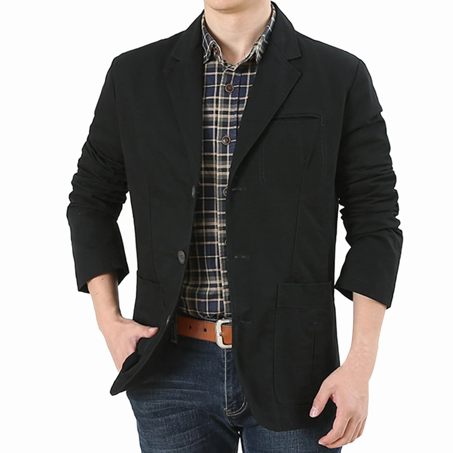 Generisch Americana de traje para hombre con cuello de solapa con tres botones, corte ajustado, manga larga, estilo deportivo
