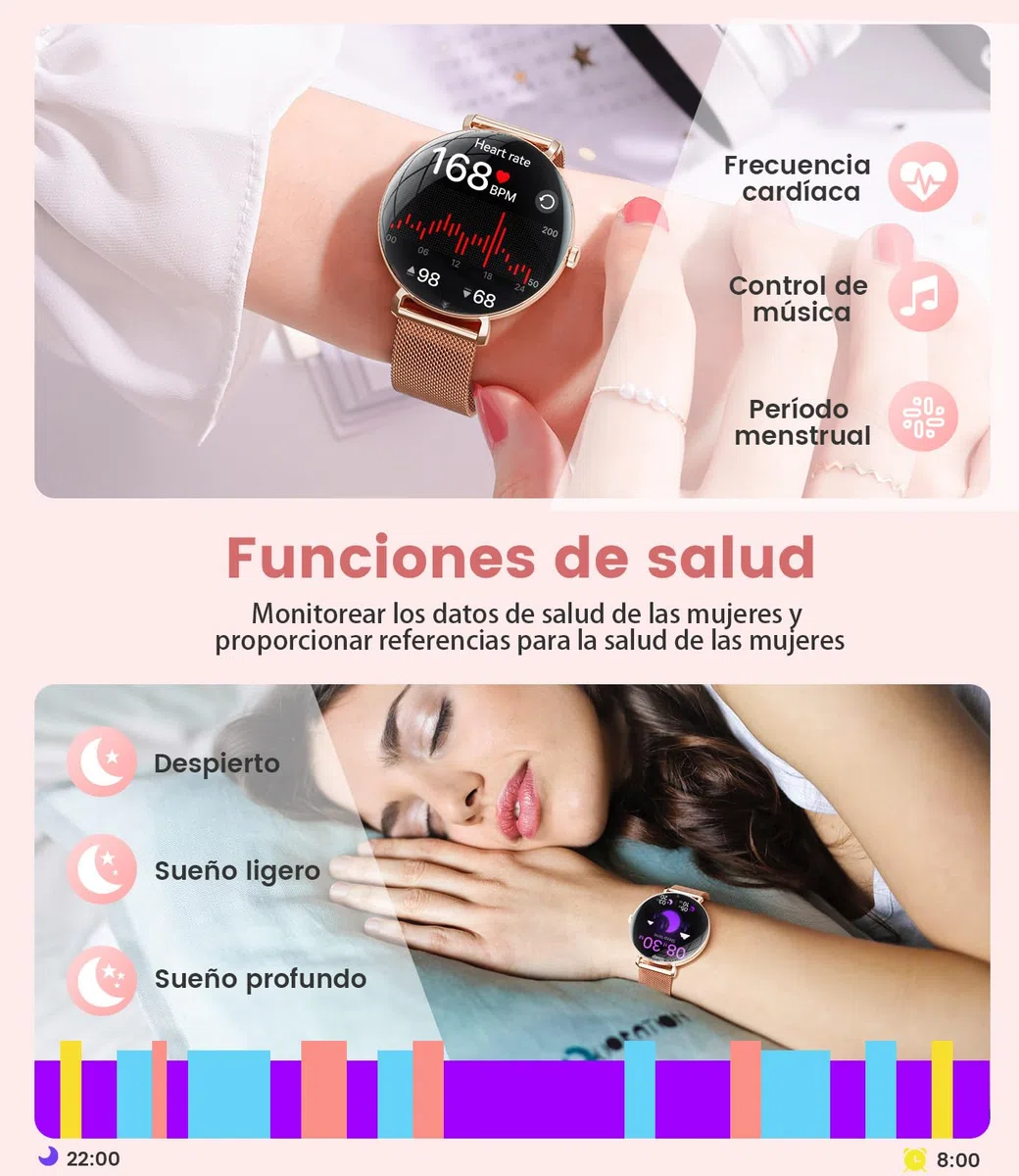 SUNKTA Reloj Inteligente Mujer Ligero con Pantalla Curva AMOLED Ultra Fina Bluetooth Llamadas IP68 Impermeable Podómetro/Frecuencia Cardíaca 100+ Modos Deportivos Elegante Smartwatch para Android iOS
