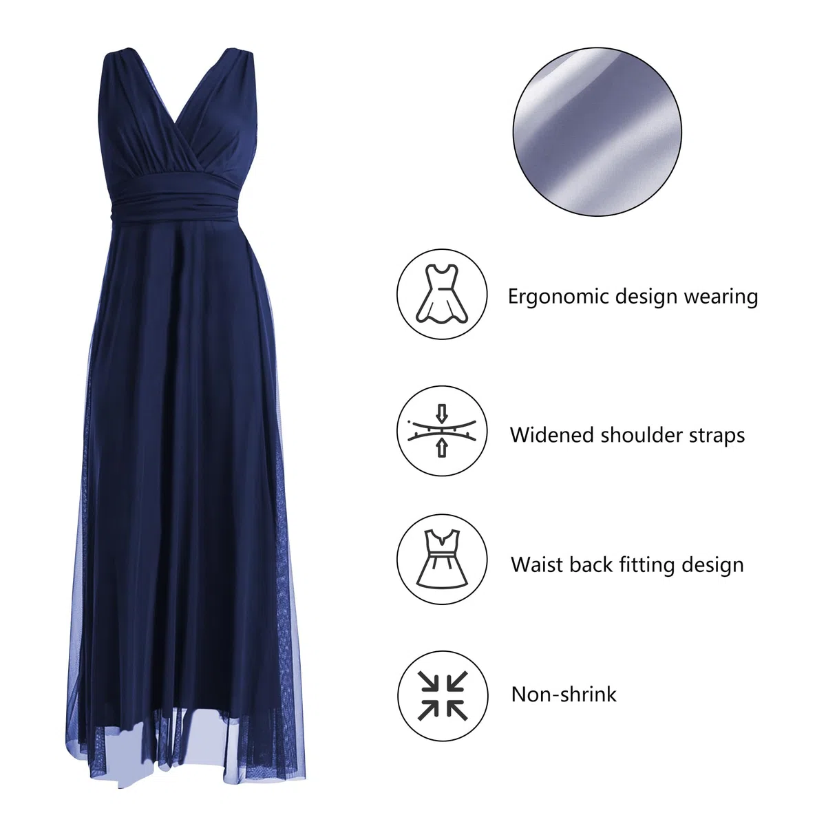 Vestido largo de ceremonia para mujer, de tul, elástico, cuello en V, fabricado en Italia