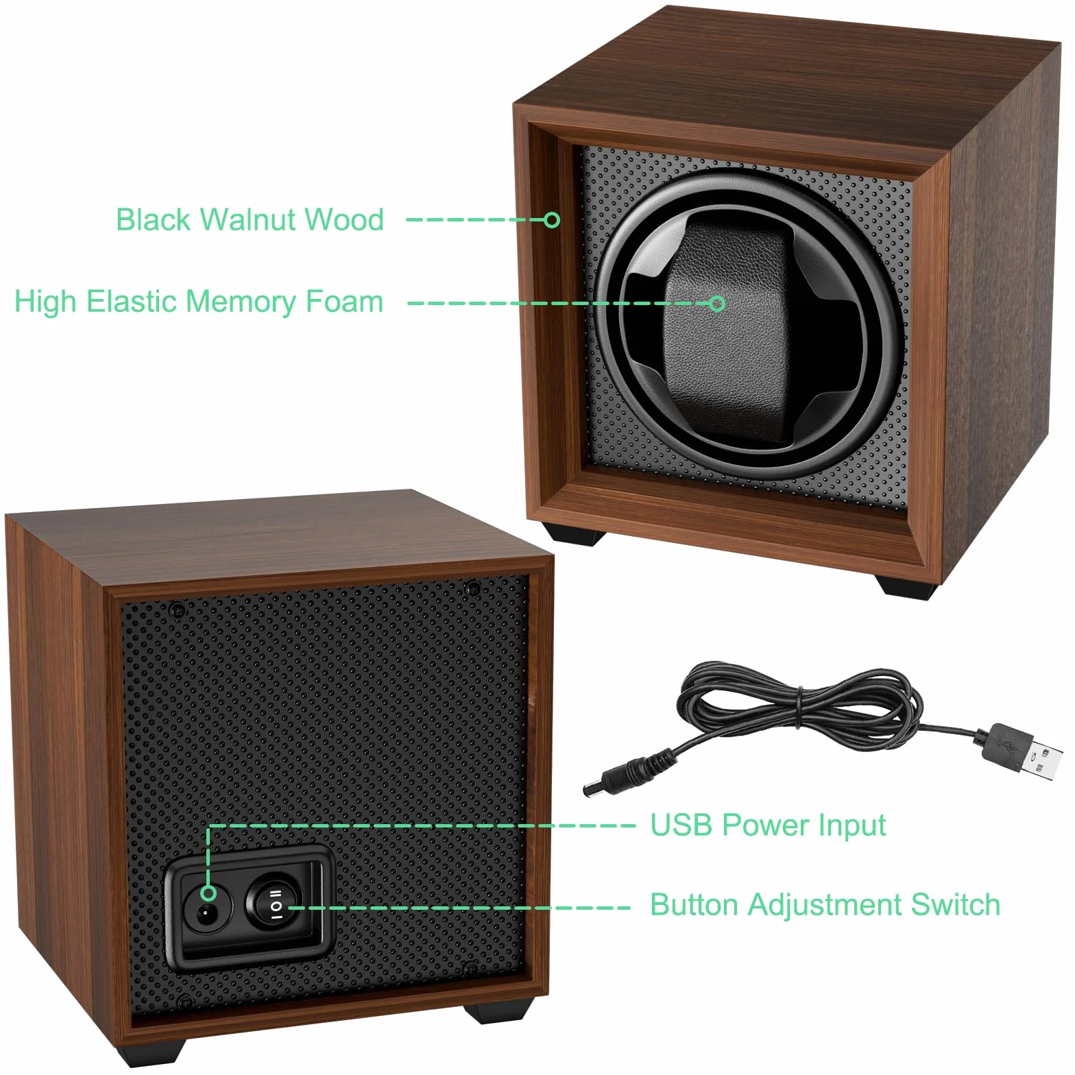 Newaner Caja para Dar Cuerda a Relojes mecánicos, automatico con Motor silencioso, 2 Ajuste Modos, Cuadrada y Color Nuez, con Puerto de Carga USB y Espuma viscoelástica