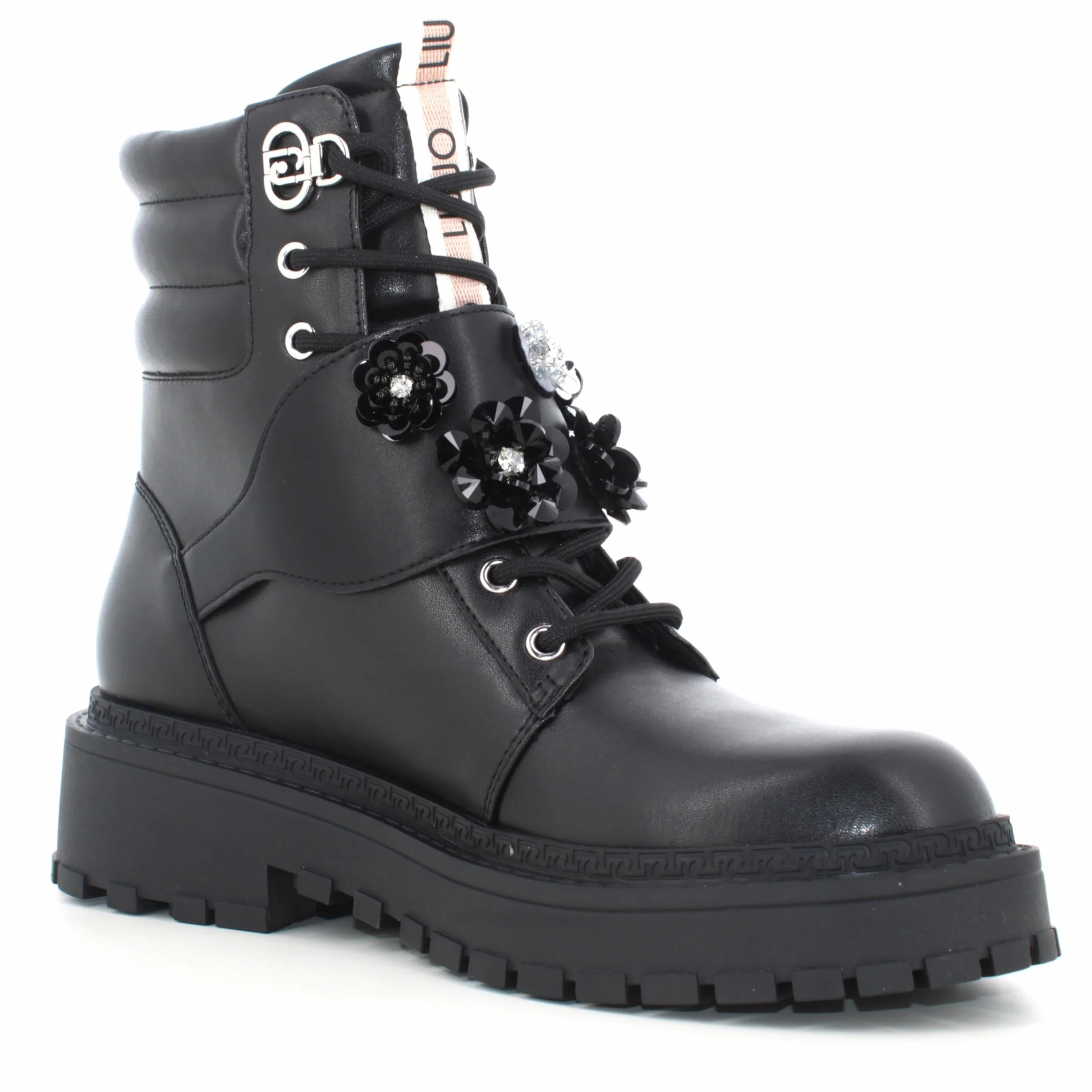 Liu Jo Botas Militares con Flores de Cristal, Negro, Cuero, Suela de Goma, Estilo Combat (Negro, Mediano, Sistema tallas calzado EU, Adulto, Números, mediano, 40)