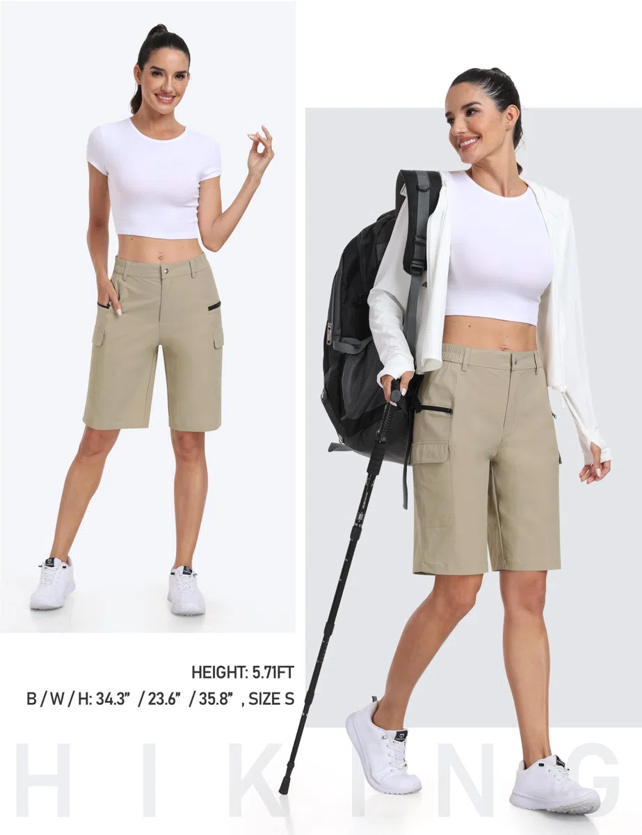 MoFiz Pantalones Cortos Cargo para Mujer Trekking Corto Verano Ligeros Cintura Alta Impermeables Bermudas Shorts con Bolsillo Cremallera