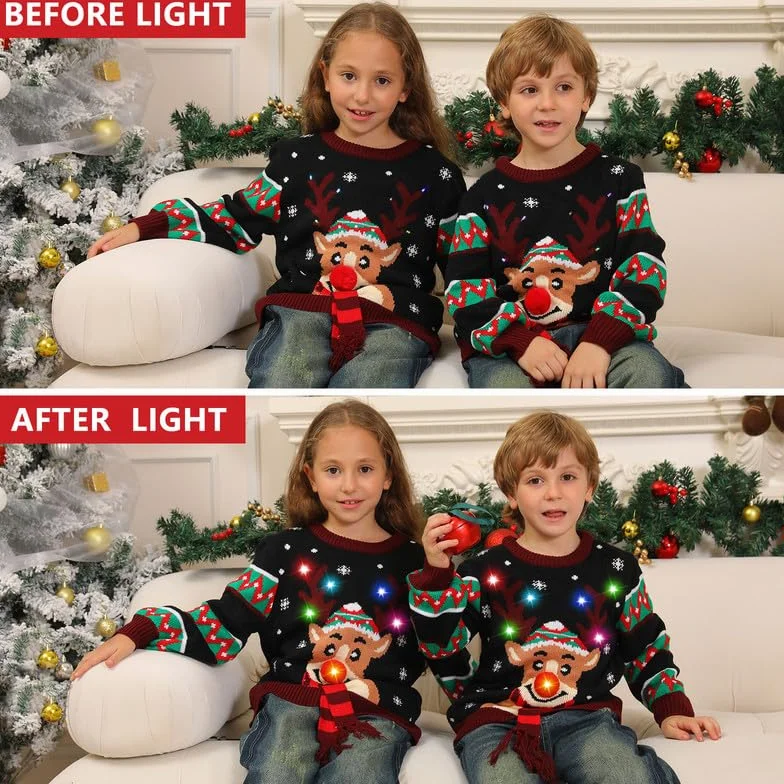 Kouric Jersey Navideño Niño con Luces,Jersey Navidad Niño/Niña con Estampado de Reno en la Nieve,Ugly Christmas Sweater,Jerseys Navideños con Luces,Suéter Navideño Gracioso,Christmas Jumper