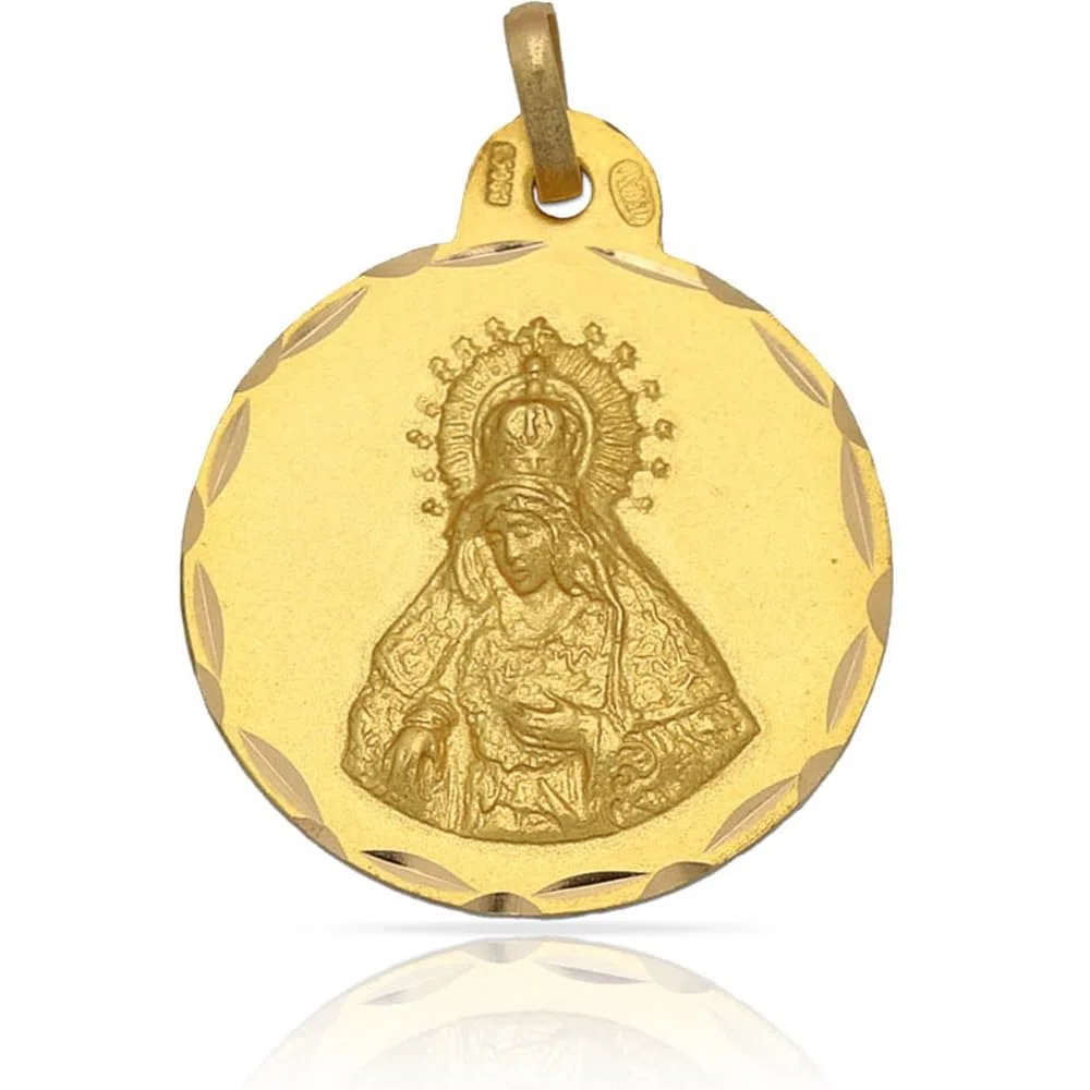 Medalla Virgen Macarena, Plata de Ley 925 Chapada en Oro, 19mm, Diseño Religioso Circular con Relieve, Presentación en Caja de Regalo