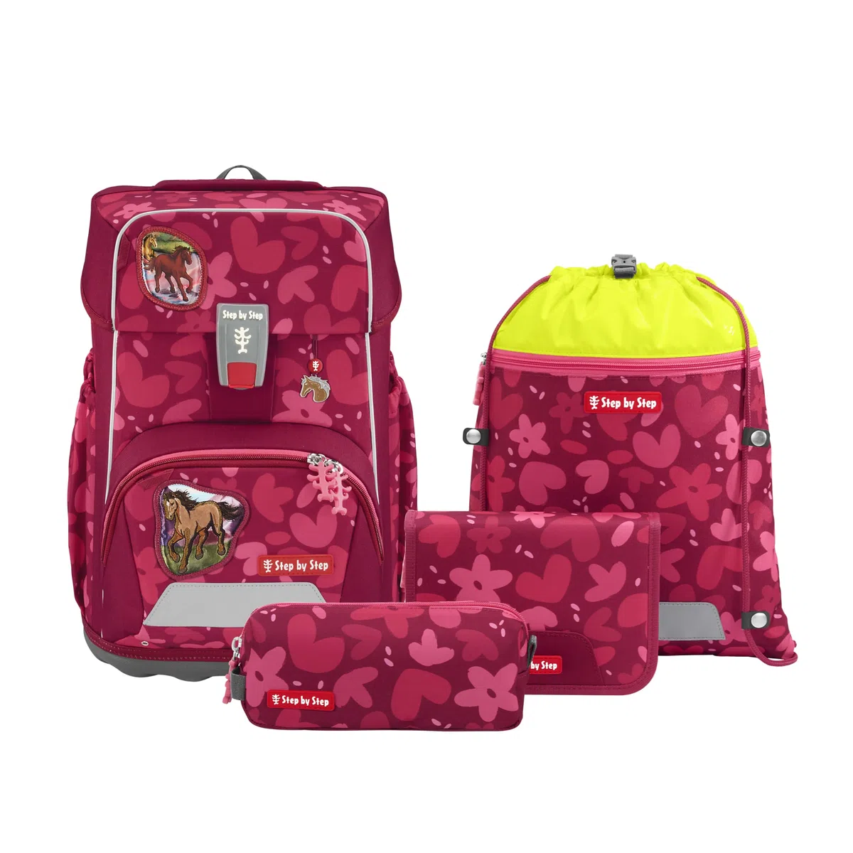 Step by Step Giant - Juego de mochila escolar (5 piezas, color verde, ergonómico, con reflectores, altura regulable con cinturón de cadera y pecho, 23 L), color verde