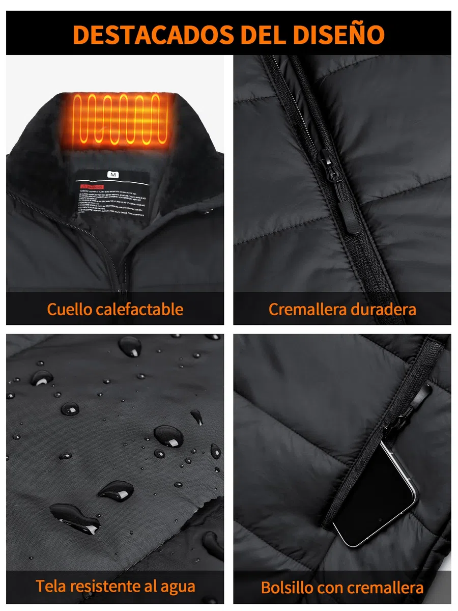 Chaleco Calefactable Hombre Mujer 7.4V 18400mAh 10 Zonas de Calor 3 Niveles Ajustables
