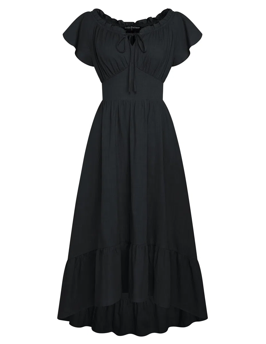 SCARLET DARKNESS Vestido largo renacentista con hombros descubiertos y dobladillo asimétrico para mujer